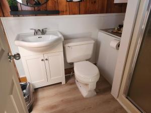 a small bathroom with a toilet and a sink at The Cove Motel & Restaurant in Aulds Cove