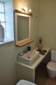 a bathroom with a sink and a toilet and a mirror at Villa Kimmi Natursteinhaus in Ierápetra +32 photos