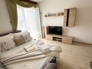 a living room with a bed and a flat screen tv at Apartments Irma in Baška Voda