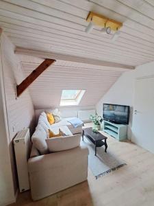 a living room with a couch and a tv at FeWo Ellerholz am Müritz Nationalpark in Rechlin