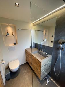 a bathroom with a toilet and a sink and a shower at Verbier Luxury Apartment - Newly Renovated - 4 Guests in Verbier