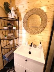 uma casa de banho com um lavatório e um espelho em Dreamholia em Jastarnia