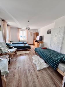 uma sala de estar com duas camas e uma televisão em Biebrzańskie Zacisze em Goniadz