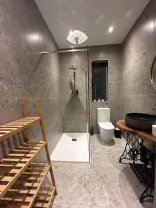 a bathroom with a shower and a toilet at Acacia Avenue Apartments in Is-Swieqi