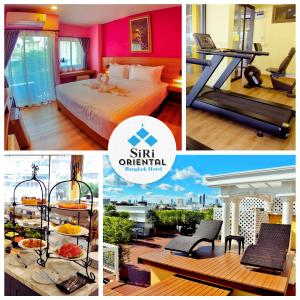 a collage of pictures of a hotel room with a bed and a balcony at Siri Oriental Bangkok Hotel in Bangkok