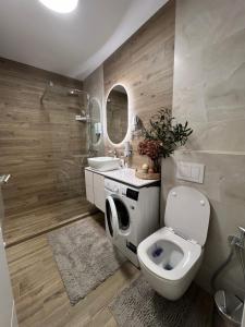 a bathroom with a toilet and a sink at Apartament Judy in Oradea +7 photos
