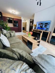a living room with a couch and a flat screen tv at Apartament Judy in Oradea