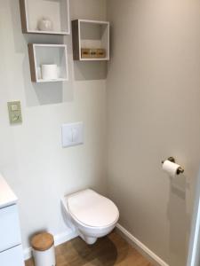 a bathroom with a white toilet in a room at Gezellige Studio met terras in Oudenaarde