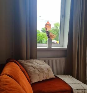 een raam met een bed en een vaas met bloemen bij Apartment Quiet Street 11/1E in Oświęcim +7 foto's