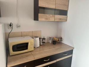 a microwave sitting on a counter in a kitchen at Apartament Perła in Gdańsk