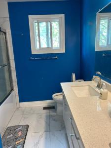 Baño azul con aseo y lavamanos en KenHouse, en Toronto