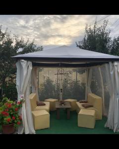 a gazebo with couches and a table and chairs at Vila Rianna in Dunavăţu de Jos