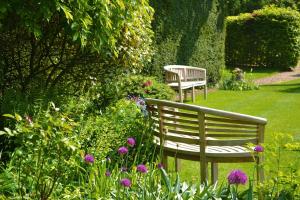 two benches sitting in a garden with flowers at The Cottage Guest House in Bishops Stortford