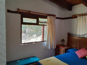 Un dormitorio con una cama azul y una ventana. en Departamentos en Avandaro, en Valle de Bravo 18 fotos más