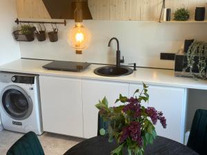 a kitchen with a sink and a washing machine at Seaside luxury apartment in Tūja
