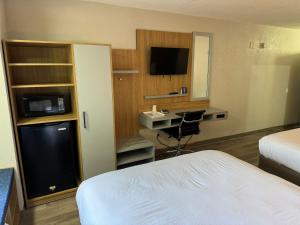 Pokój hotelowy z łóżkiem i biurkiem z telewizorem w obiekcie Microtel Inn by Wyndham Winston-Salem w mieście Winston-Salem