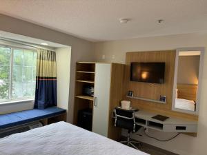溫斯頓·塞勒姆的住宿－溫德姆溫斯頓塞勒姆麥克羅酒店，酒店客房设有一张床、一张书桌和一台电视机。
