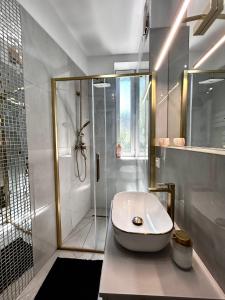 a bathroom with a shower and a white sink at Apartament przy Rynku Świętego Antoniego in Wrocław