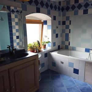 Apartament obejmuje kuchnię z umywalką i niebiesko-białymi ścianami wyłożonymi kafelkami. w obiekcie Chambre d'hôte Saint Pal de Mons w mieście Saint-Pal-de-Mons