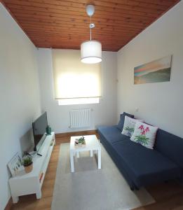 - un salon avec un canapé bleu et une table dans l'établissement Amodiño,casa alquiler vacacional, à Viveiro