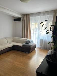 sala de estar con sofá frente a una ventana en Comfort Stay Apartment - Free Parking & Wi-Fi, en Roşu