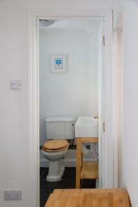 a bathroom with a toilet and a sink at Charlestown cottage, Woodburner, Gardens & Parking in Charlestown