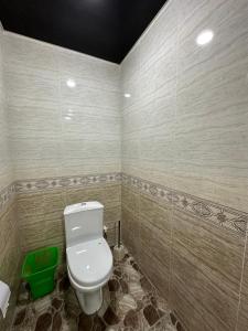 ein Bad mit einem WC und einem grünen Korb in der Unterkunft Shodmon Guesthouse in Jizzax
