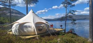 Hauggrend的住宿－Telemark Camping，坐在湖面上的一个码头上的白色帐篷