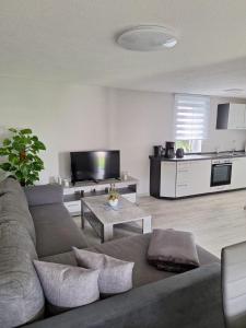 uma sala de estar com um sofá e uma mesa em Haus Angel-am See em Heldrungen