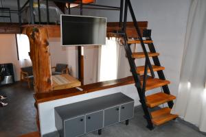 a room with a bunk bed with a tv and a ladder at La Balconada by DOT Boutique in Villa Pehuenia