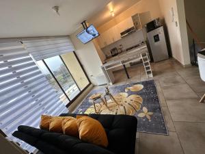 ein Wohnzimmer mit einem Sofa und einer Küche in der Unterkunft Alojamiento en linares in Linares