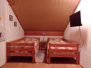 a bedroom with two beds and a tv on the wall at House Polane in the Forest, 45 km from Seaside in Delnice