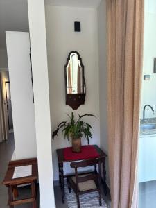 a hallway with a table with a potted plant on it at Casas aconchegantes com piscina na encantadora Praia das Cigarras in São Sebastião +54 photos