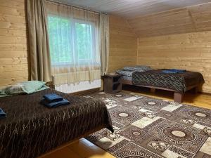 Zimmer mit 2 Betten, einem Fenster und einem Teppich in der Unterkunft Карпатський котедж Karpatian cottage in Worochta