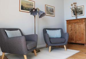 Duas cadeiras e um candeeiro de chão numa sala de estar em Château Haute Roche em Oudon
