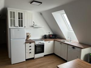 a kitchen with a white refrigerator and a sink at Apartmány u Jonášů in Znojmo