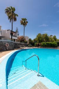 a blue swimming pool with stairs and palm trees at Apartamerica 341 LujoVista Mar in Playa de las Americas