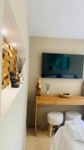 een slaapkamer met een bureau en een tv aan de muur bij Le Cocoon Lodge du Gapeau & Massage in Solliès-Pont