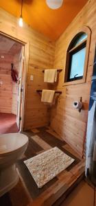 een houten badkamer met een toilet en een raam bij HOSTAL TORRE DEL ESPAÑOL in Valdivia