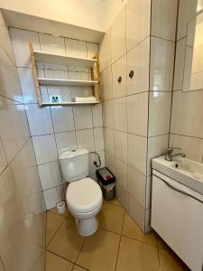 La petite salle de bains est pourvue de toilettes et d'un lavabo. dans l'établissement Gościniec Rospuda 1, à Augustów