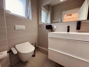 a bathroom with a toilet and a sink at dingdong bonn - city apartments in Bonn