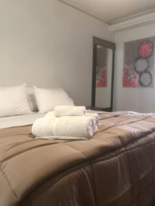two towels sitting on the end of a bed at Monoambiente Lasabu in Godoy Cruz +1 photo