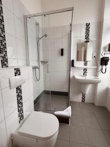 a bathroom with a shower and a toilet and a sink at dingdong bonn - city apartments in Bonn