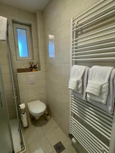 a bathroom with a toilet and a shower with towels at Bulevar Residence in Brčko +8 photos