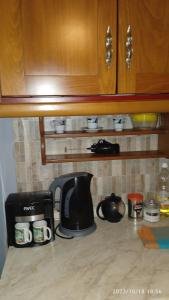 a kitchen counter with a coffee maker and a toaster at Roses Studios in Néa Michanióna