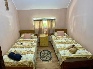 a bedroom with three beds with teddy bears on them at Balla House in Tărcaia