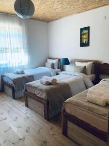 1 Schlafzimmer mit 3 Betten in einem Zimmer in der Unterkunft Korenishuli Veranda Wine Hotel in Tsʼageri