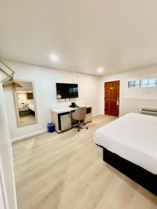 Nob Hill Motor Inn -Newly Updated Rooms! في سان فرانسيسكو: غرفة نوم بسرير ومكتب وتلفزيون