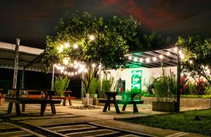 a patio with a picnic table and lights at night at Finca Hotel Palmas Del Edén in Armenia