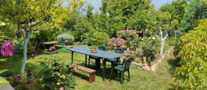 een tafel en stoelen in een tuin met bomen bij Stomio 4 Seasons Relaxing Apartment in Stómion
